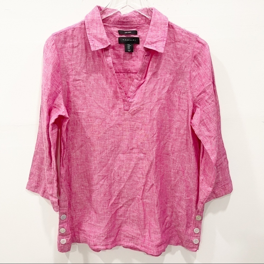 Tahari Linen Pink Tunic Top V-Neck 3 Button Sides